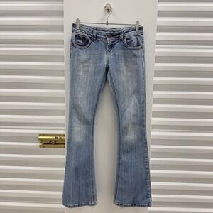 Vanilla Star Low Rise Flare Jeans Light Wash Y2K Distressed Blue Denim Size 3